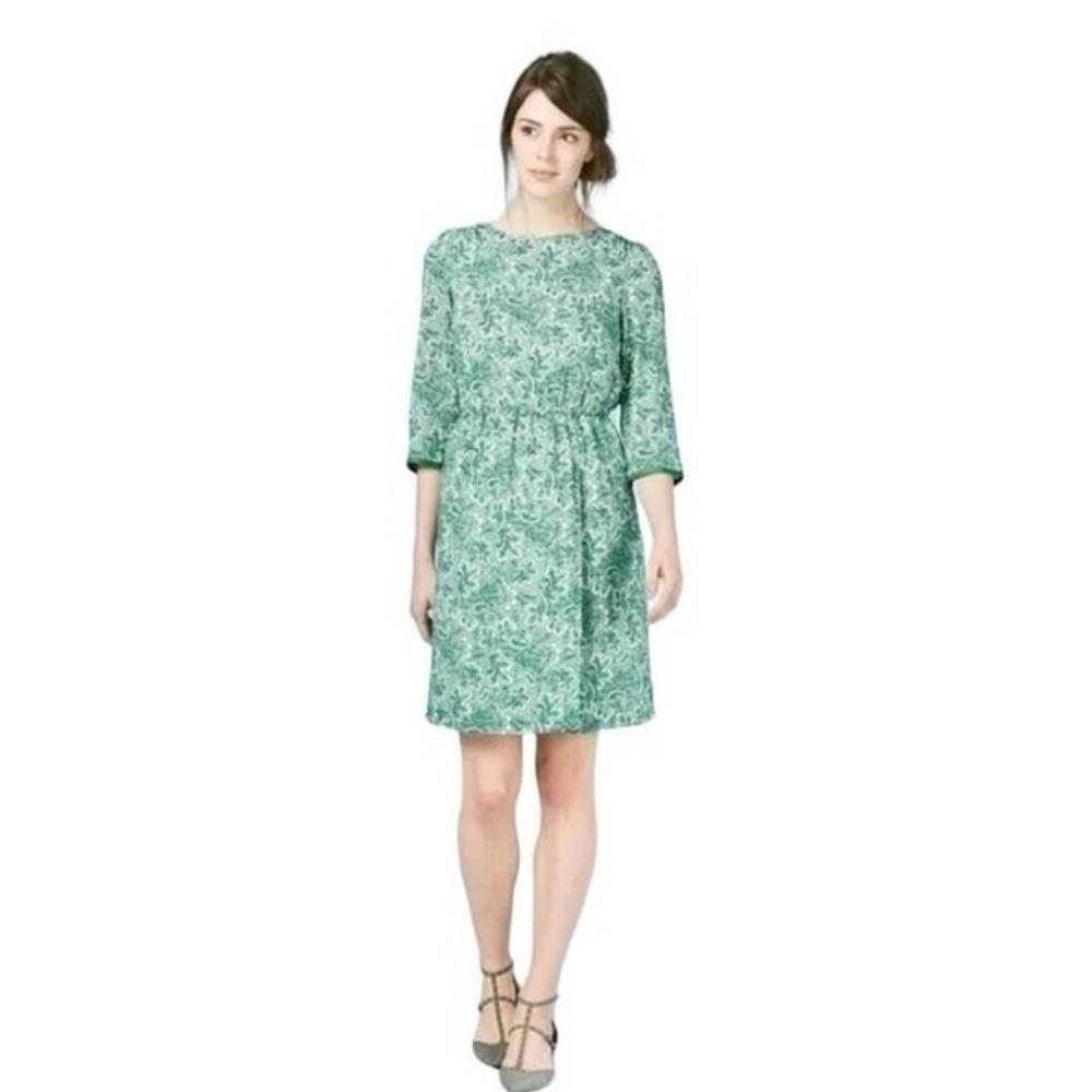 Boden Women's Green Dress Floral Sz 14L With White Lining Knee Length